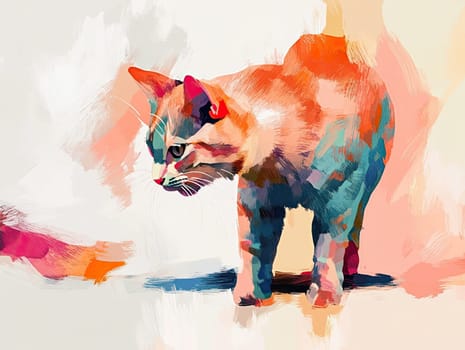 This artwork features a curious cat standing alertly, surrounded by vibrant abstract colors that enhance its playful demeanor and environment.