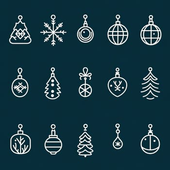 This display features an assortment of holiday ornaments, showcasing intricate designs such as snowflakes, trees, and decorative baubles in a festive arrangement.