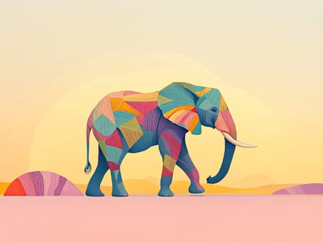 An elephant adorned with multi-colored patterns strolls across a sandy terrain, with shades of pink and orange filling the sky at sunset, creating a unique artistic view.