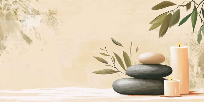 This setup features smooth stones stacked alongside lit candles and soft green leaves, creating a tranquil ambiance suitable for relaxation or meditation.