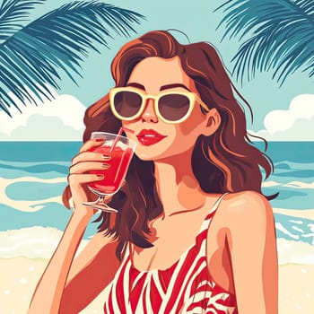 A woman relaxes on a sandy beach, savoring a vibrant drink as she smiles. Surrounding her are palm trees and an inviting ocean under a clear sky.