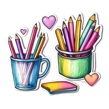 A collection of colorful pencils in blue and green containers sits alongside a sketchbook, inviting artistic endeavors and imagination.