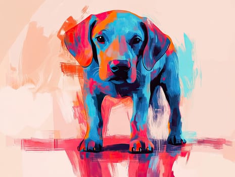 A lively puppy stands on a shiny floor, surrounded by an abstract and colorful background. The artwork features vibrant hues and a playful expression, creating a joyful atmosphere.