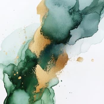 This artwork features an elegant blend of green and gold watercolor, showcasing flowing textures and soft gradients, creating a serene and sophisticated atmosphere.