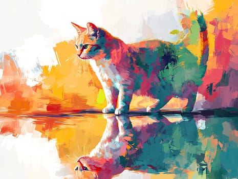 A playful cat with orange and white fur gazes curiously at its reflection on a shiny surface, surrounded by a vibrant, abstract landscape filled with colorful brushstrokes.