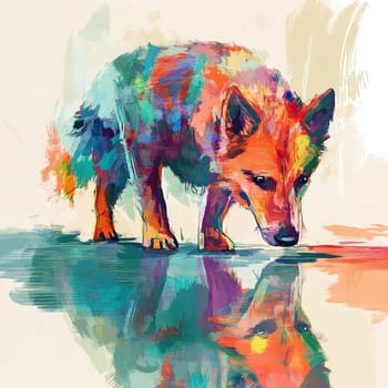 A vivid illustration features a wolf observing its own reflection on smooth water. The artwork showcases vibrant colors blending beautifully to create a striking image.