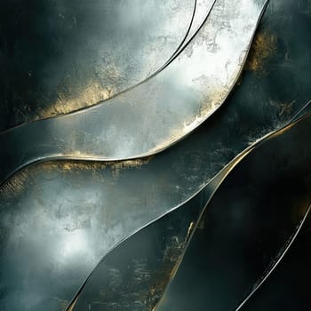 This artwork features an abstract design with smooth, flowing metallic lines that create a dynamic texture, blending dark and golden hues for a striking visual effect.