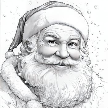 A friendly Santa Claus displays a warm smile, with a fluffy white beard and red hat. Snowflakes gently fall around him, enhancing the holiday atmosphere.