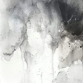 A striking abstract artwork features a blend of black and white hues with fluid textures, creating dynamic movement and depth through ink splashes and drips.