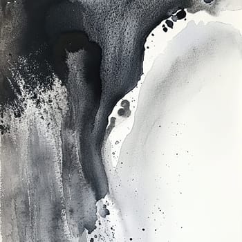 This artwork features a blend of black and gray watercolors, showcasing sweeping brush strokes and splatters that create an abstract composition on white textured paper.