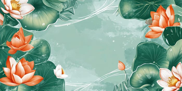 Delicate lotus flowers in shades of orange and white rest among vibrant green lily pads, creating a tranquil atmosphere against a soft turquoise backdrop.