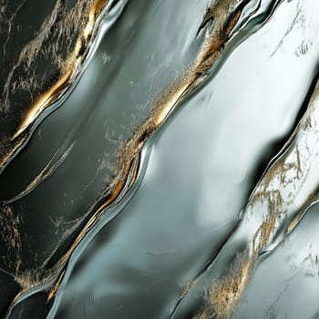 The composition features a mesmerizing pattern of flowing textures that blend deep green and shimmering gold, creating a luxurious and modern appearance.