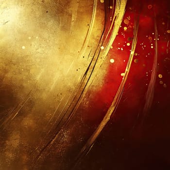 The artwork features flowing lines in gold and red, creating a vibrant, dynamic effect. Sparkling dots enhance the visual interest in this abstract design.