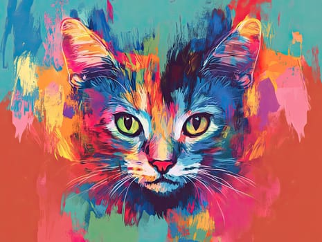 This artwork depicts a striking cat's face, showcasing vivid colors and intricate details. The lively background complements the cat's expressive eyes and captivating features.