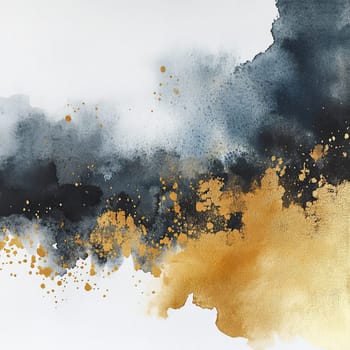 This artwork displays a blend of dark blue and black watercolors, contrasted by vibrant golden splashes, creating a striking visual effect on a white canvas.