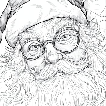 The jolly figure of Santa Claus is illustrated in detail, featuring glasses, a fluffy beard, and a red hat, embodying the spirit of the festive season.