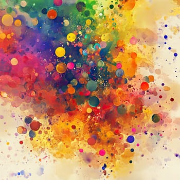 This artwork showcases a dynamic display of colorful circles and splashes blending harmoniously, creating an energetic atmosphere that evokes creativity and joy.