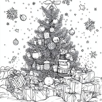 The Christmas tree stands tall, adorned with ornaments and lights, while numerous wrapped gifts are stacked around its base, creating a festive atmosphere.
