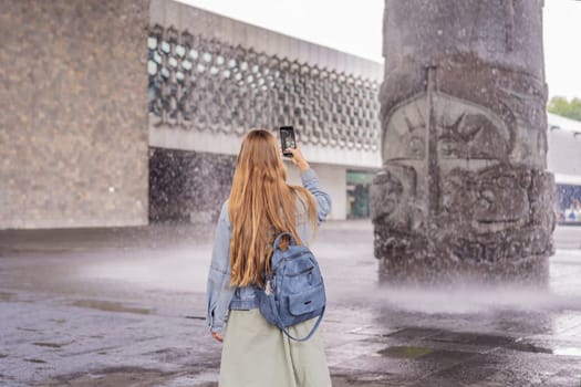 Female tourist exploring the National Museum of Anthropology in Mexico City. Cultural heritage and historical exploration concept.