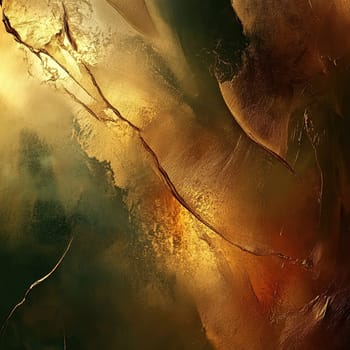 The artwork showcases a mesmerizing blend of gold and green hues, creating a captivating texture with intricate patterns and vivid earthy tones that inspire a warm ambiance.