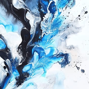 This artwork showcases a blend of deep blue and black hues, swirling together against a white background, illustrating fluid motion and artistic creativity.
