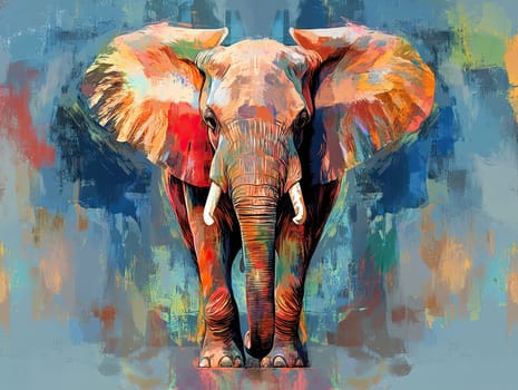 An elephant stands boldly at the center, its trunk raised and ears flared, surrounded by a bright, abstract background that enhances its striking colors and presence.