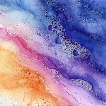 This vibrant artwork showcases swirling colors of blue, purple, orange, and pink, with textured patterns and bubbles, creating an eye-catching abstract design.