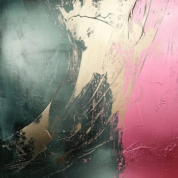 Bold strokes of green, pink, and gold create an abstract design, emphasizing movement and texture in a contemporary artistic expression that captivates the viewer.