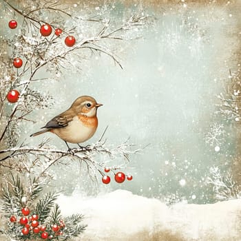 A small bird sits quietly on a snow-covered branch, surrounded by vibrant red berries. The peaceful winter atmosphere is enhanced by the soft snowflakes in the background.