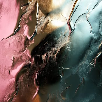The artwork showcases a captivating blend of metallic colors, primarily pink, gold, and teal, creating a textured, abstract visual with intricate detailing and unique reflections.