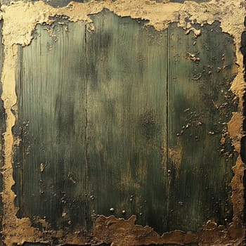This ornate wooden panel features a deep green surface accented with intricate gold detailing around the edges, showcasing a blend of artistry and rustic elegance.