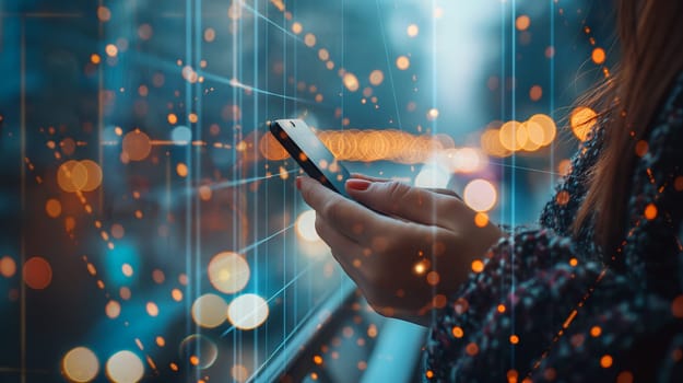 During the evening, an individual stands outside, absorbed in their smartphone as a colorful digital overlay and glowing city lights enhance the urban atmosphere - Generative AI