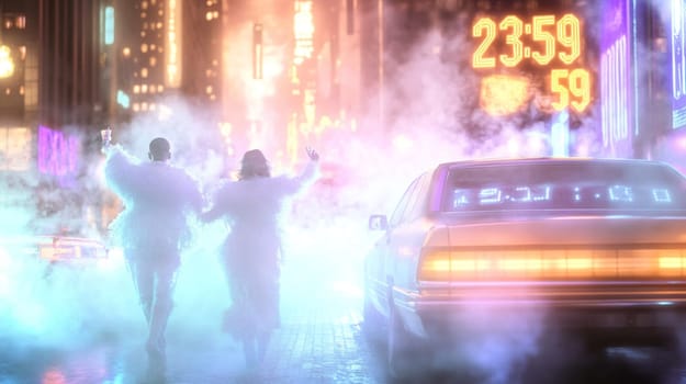 Couple wearing extravagant clothes is running out of a futuristic city at night, with their car waiting for them in the street