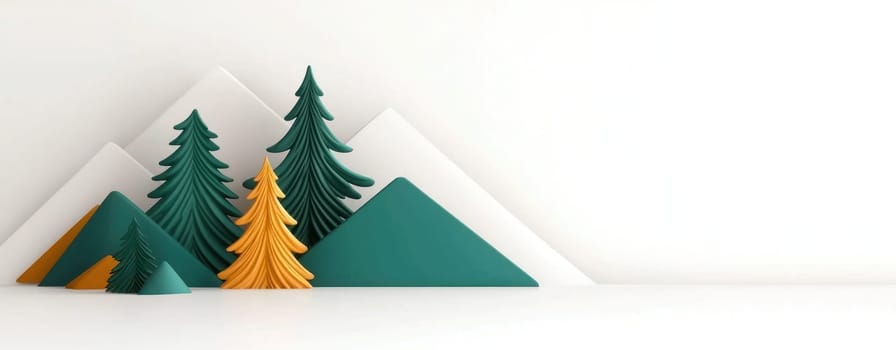 Minimalist design featuring abstract green trees and mountains.