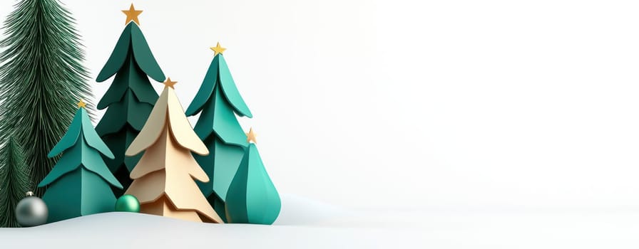 Minimal Christmas tree design with abstract green shapes and decorations.