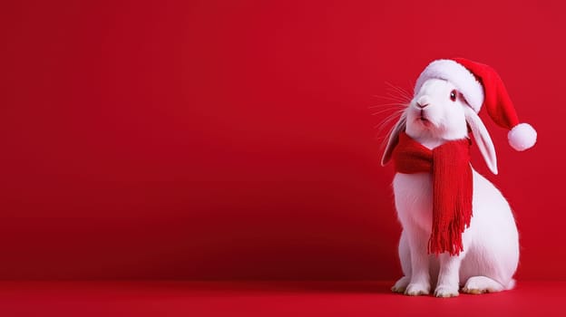 cute rabbit wearing Santa hat and red scarf against red background.