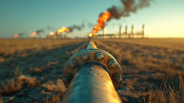 Pipelines stretch into horizon, showcasing industrial energy production.