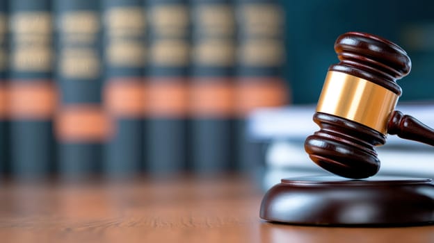 Legal gavel on wooden desk with law books in background, symbolizing justice.