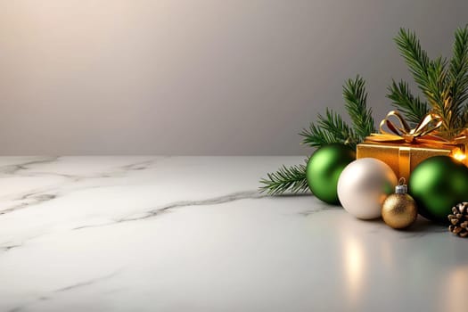 Luxurious Christmas decorations with green and gold ornaments, pine.