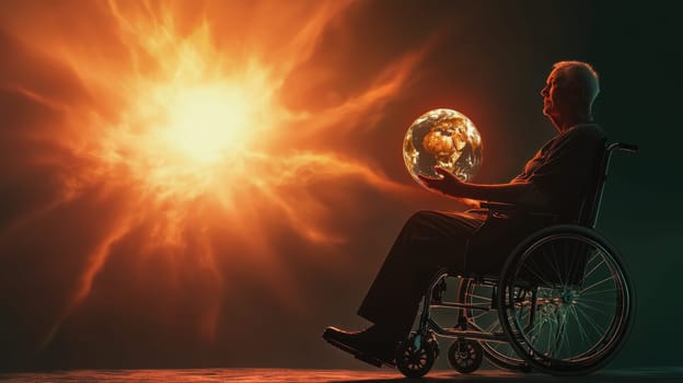 Elderly person in wheelchair holding glowing globe, reflecting on life.
