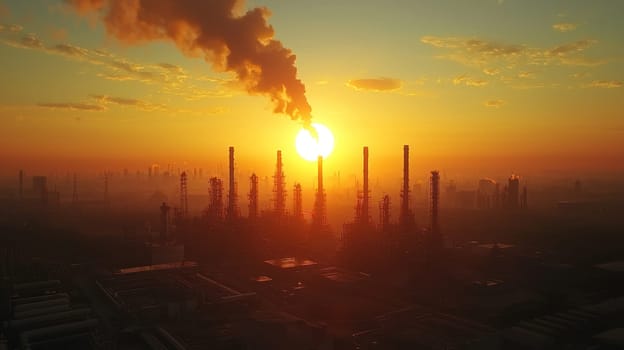 stunning sunset view over vast refinery, showcasing industrial structures and smoke.