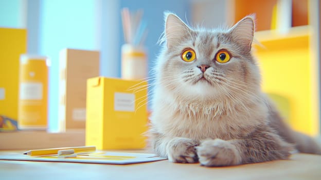 photorealistic cat with bright yellow eyes sits calmly on table surrounded by colorful objects.