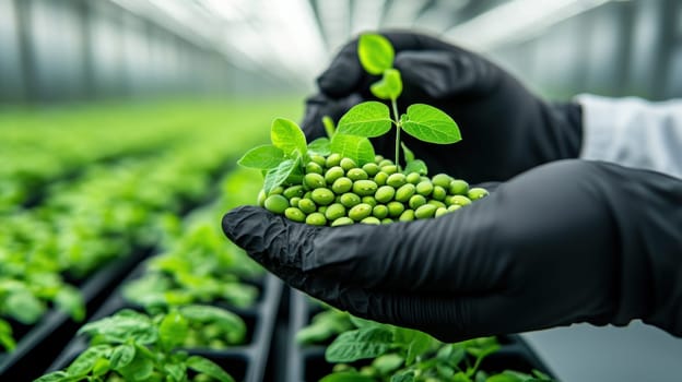 Innovative scientist holding green soybeans and seedlings in lab.
