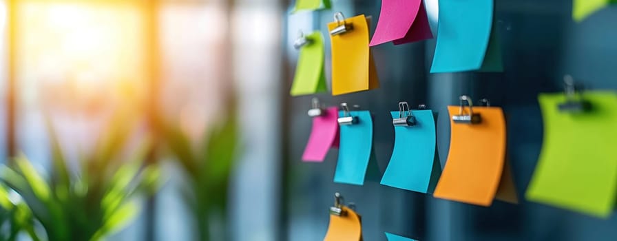 Creative brainstorming session with colorful sticky notes on board.
