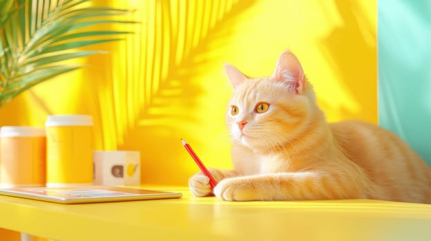 creative cat sitting at bright yellow desk, looking thoughtful.
