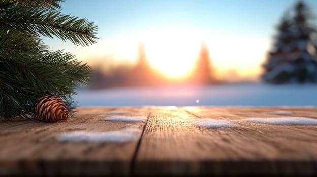 Winter landscape with wooden table, pine cone, and sunlight.