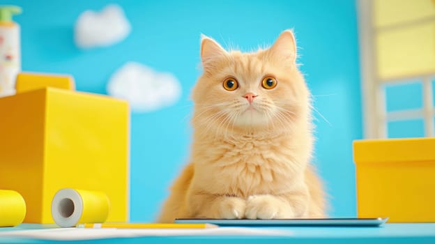 Fluffy cat with bright eyes sitting in colorful room, looking curious and playful.