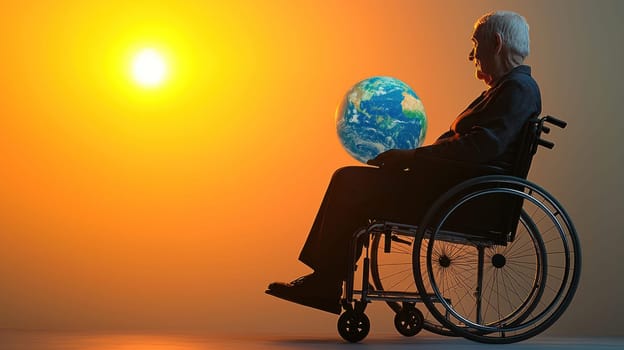 Elderly person in wheelchair gazing at sunset with Earth in view.