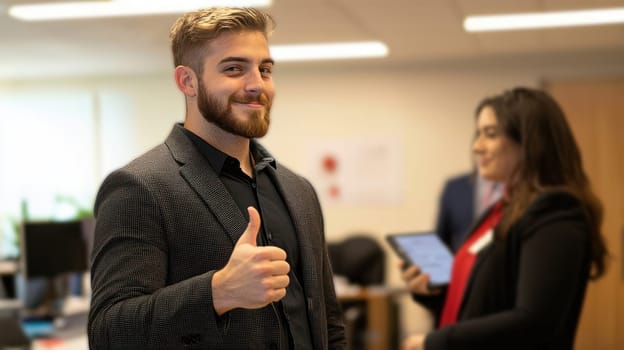Confident man giving thumbs up in modern office setting.