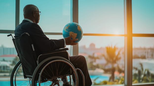 thoughtful elderly person in wheelchair gazes at globe, reflecting on world.
